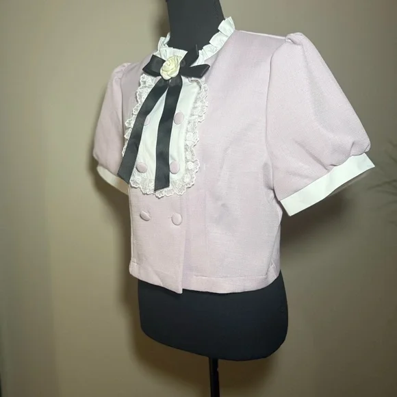 Vintage Coquette Cropped Blouse Dusty Rose Puff Sleeve - Picture 2 of 7